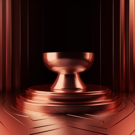 Abstract 3d rendering of golden podium on dark background. Futuristic pedestal for product presentation.の素材