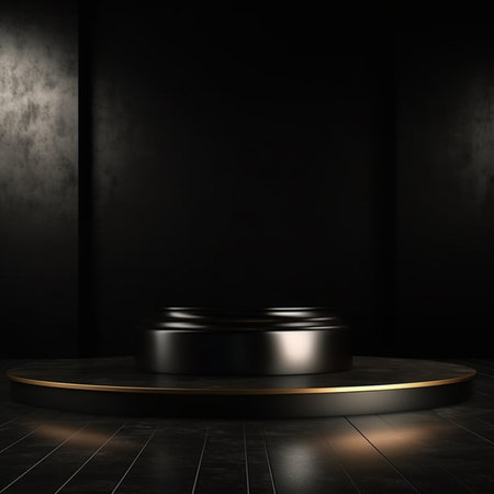 Black podium in dark room. Mock up, 3D Renderingの素材