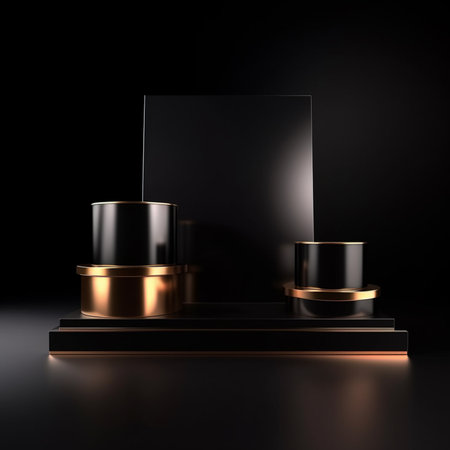 3d render, black and gold podium, pedestal for product presentationの素材