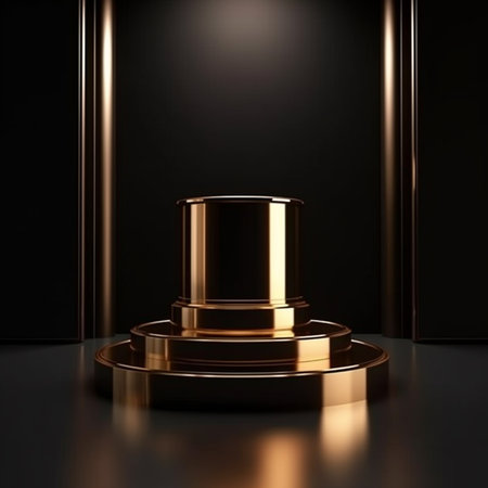 3d rendering of gold podium on black background. Luxury pedestal.の素材