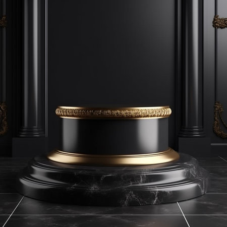 Black marble podium in classic interior with black walls and floor. 3d renderの素材