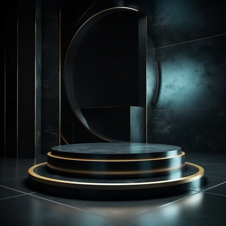 Black and gold podium on dark background. 3d render illustration.の素材