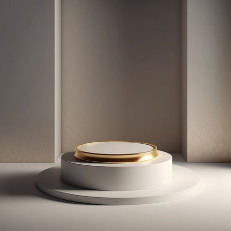 3d render of abstract minimal geometric forms. Glossy golden podium for your design.の素材