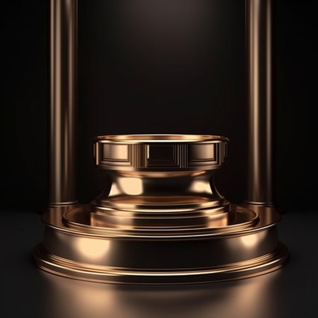 Golden pedestal on a black background. 3d rendering, 3d illustration.の素材