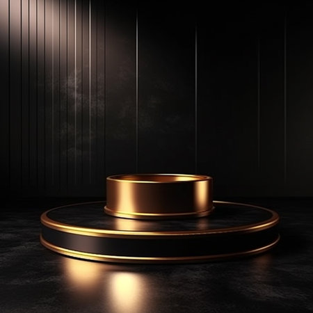3d render of golden podium on black background. Luxury pedestalの素材