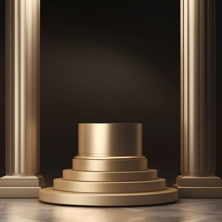 3d rendering of golden pedestal isolated on black background with copy spaceの素材