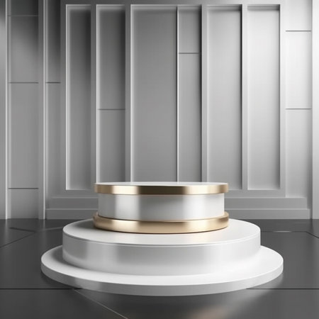 3d rendering of white podium with gold and silver elements in modern interiorの素材