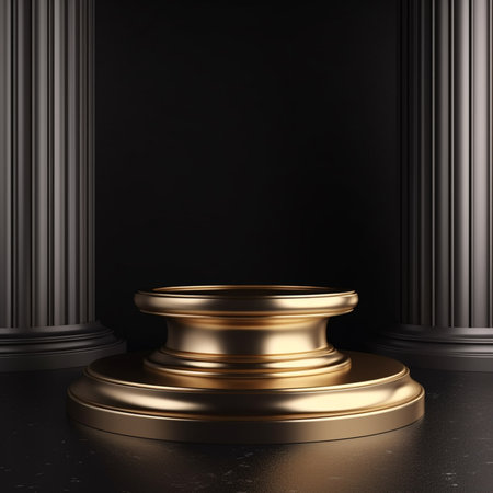 Abstract black background with golden pedestal. 3d rendering, mock upの素材