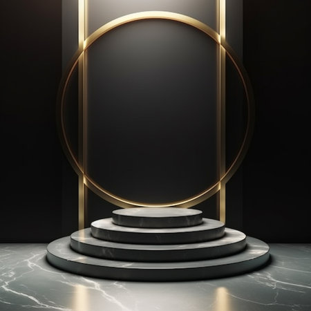 Black podium with golden rings on black background, 3d render illustrationの素材