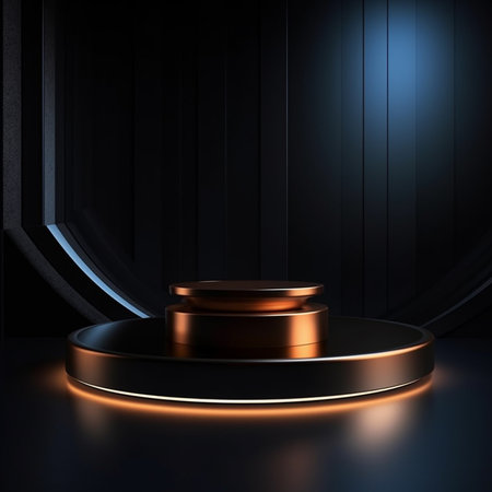 Black and gold podium on dark background. 3d render illustration.の素材