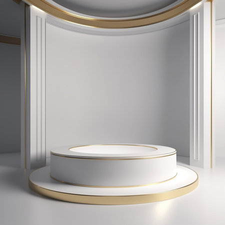 White podium in a room with gold decoration. 3d rendering.の素材
