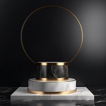 3d render, abstract background, black marble podium for product display, round golden frameの素材