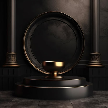3d render of black podium with golden round pedestal in vintage interiorの素材