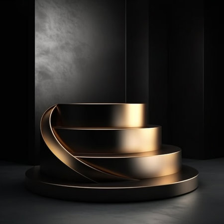 3d render of abstract geometric forms. Glossy golden podium for product presentation. Black background.の素材