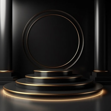 Black podium with golden round frame on black background. 3d renderの素材