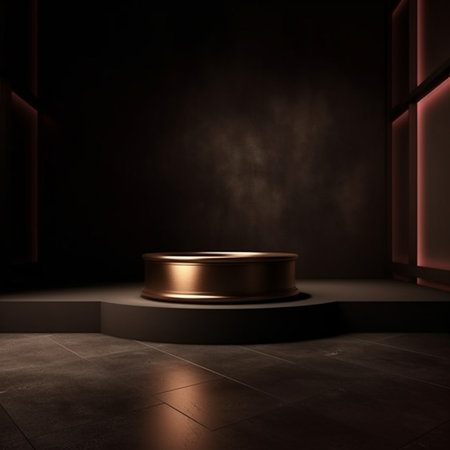 3d render of a golden podium in a dark room with a windowの素材
