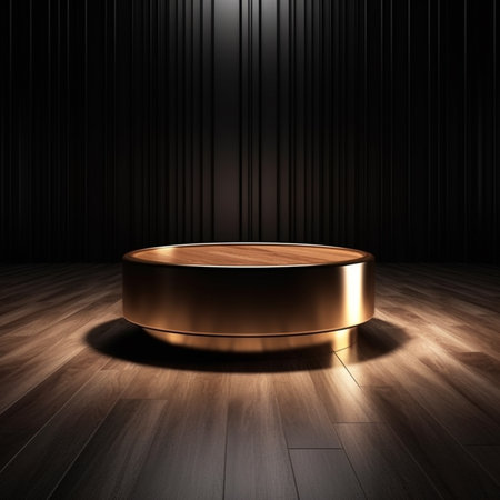 3d rendering of a golden podium on a wooden floor with a black backgroundの素材