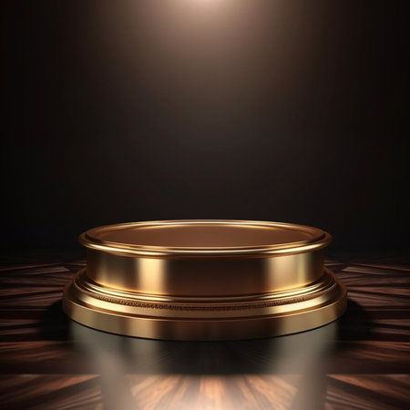 Golden pedestal with spotlights on dark background. 3D renderingの素材