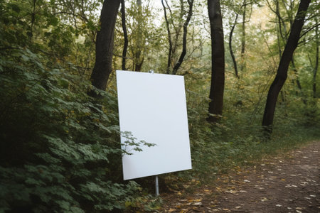 Blank white signboard on the road in the forest in autumnの素材