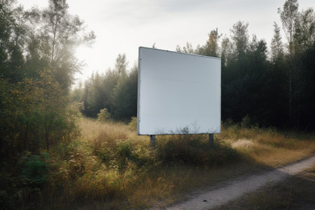 Blank billboard on the road in the autumn forest. Conceptual imageの素材