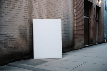 Blank white billboard on brick wall in city. Mock up.の素材