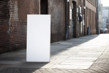 Blank white signboard on the street in front of brick wallの素材