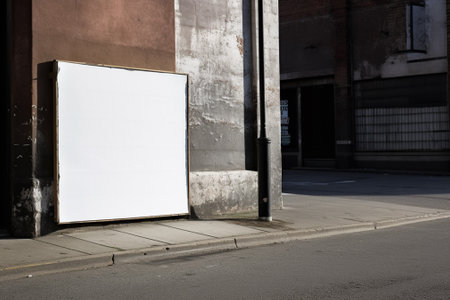 Blank white signboard in front of a building in the cityの素材
