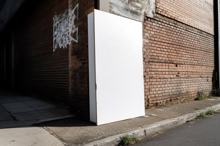 Blank white signboard on a brick wall. Mockup for designの素材