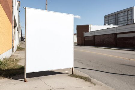 Blank white billboard on the street with blue sky in the backgroundの素材