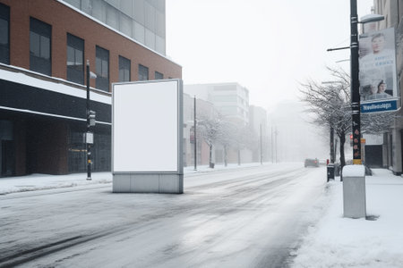 Blank billboard on a city street in winter. 3d renderingの素材