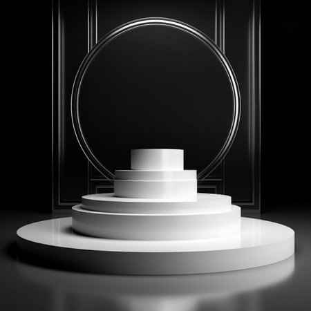 3d rendering of white podium with round arch in dark room.の素材