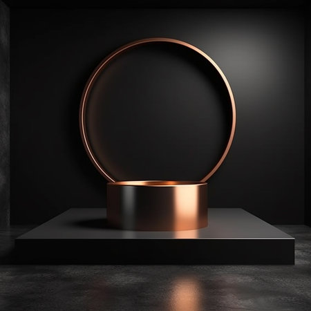 Minimalist black background with round golden podium. 3d renderの素材