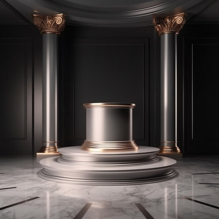 Black luxury interior with round podium and golden columns. 3d renderの素材