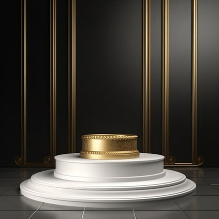 3d rendering of a white podium on a black background with gold elementsの素材