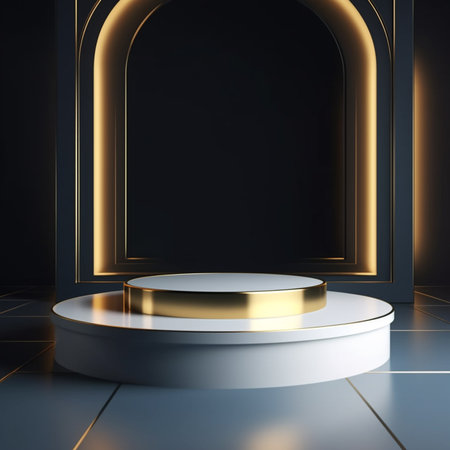 Minimalist black and golden podium for product presentation. 3D renderingの素材