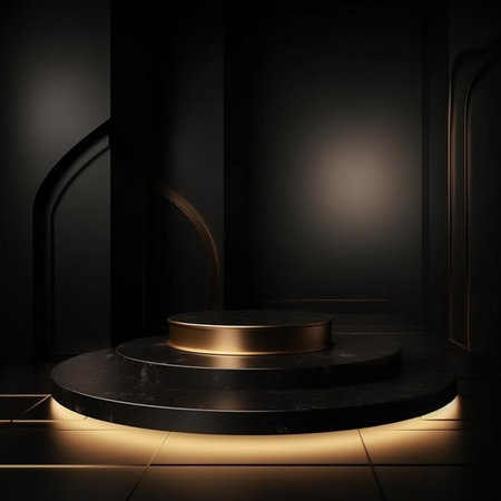 3d render of black podium for product presentation in dark room with golden archの素材