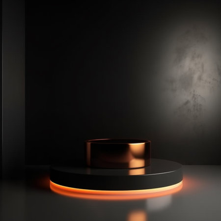 3d rendering of a black podium in a dark room with a spotlightの素材