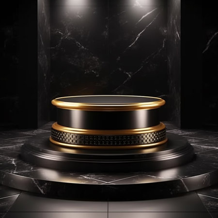 3d render of black marble podium with gold frame on black marble backgroundの素材