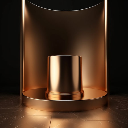 Golden pedestal for product display on black background. 3d renderingの素材