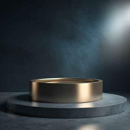 Golden pedestal with spotlights on dark background. 3D renderingの素材