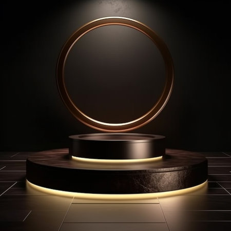 3d rendering of a round podium with a gold frame on a dark backgroundの素材