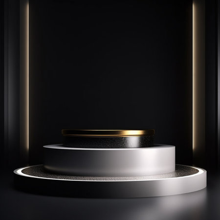 Black and white podium on a dark background. 3d rendering.の素材
