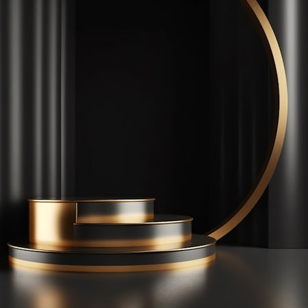 3d render, abstract black background with golden podium, round pedestal or stand for product presentation, mock upの素材
