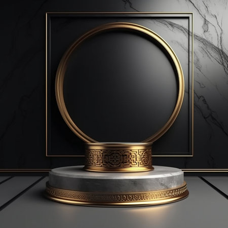 3d rendering of golden podium on black marble background. Luxury pedestal for product presentationの素材