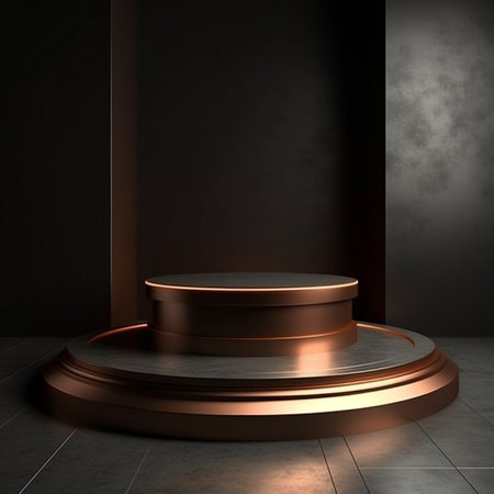 3D render of a golden pedestal in a dark room.の素材
