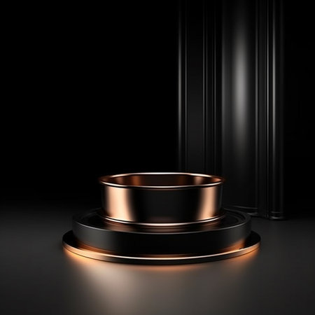 3d rendering of golden pedestal on black background with black stripesの素材