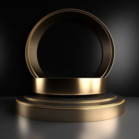 3d render of golden pedestal on black background. Award ceremony concept.の素材