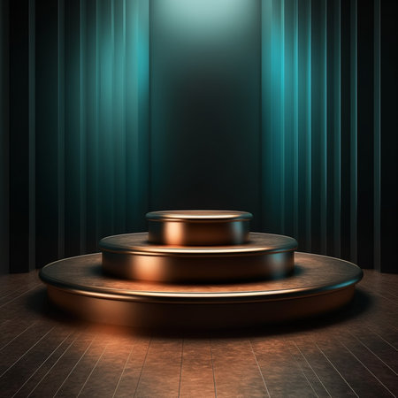 golden podium on the stage with blue curtain background, 3d renderの素材