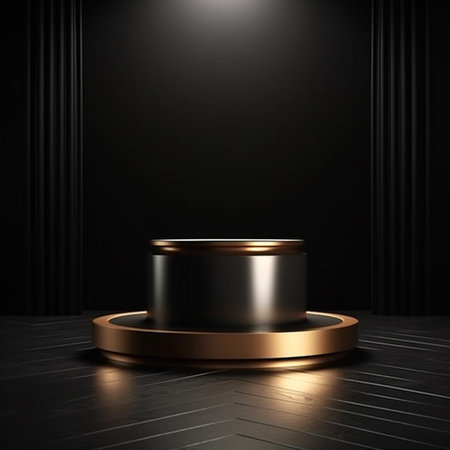 3d render of golden podium on black background. Luxury product display.の素材