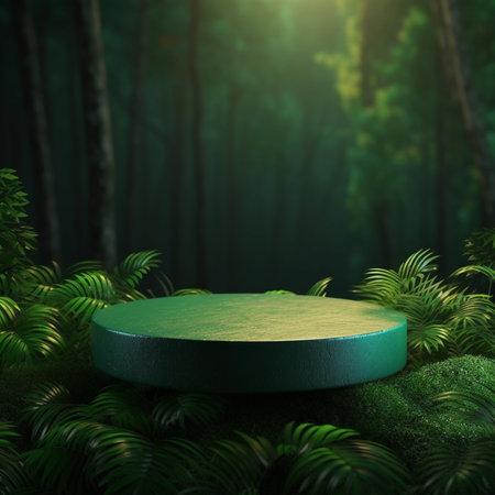 3d render of green podium in the forest for product display.の素材